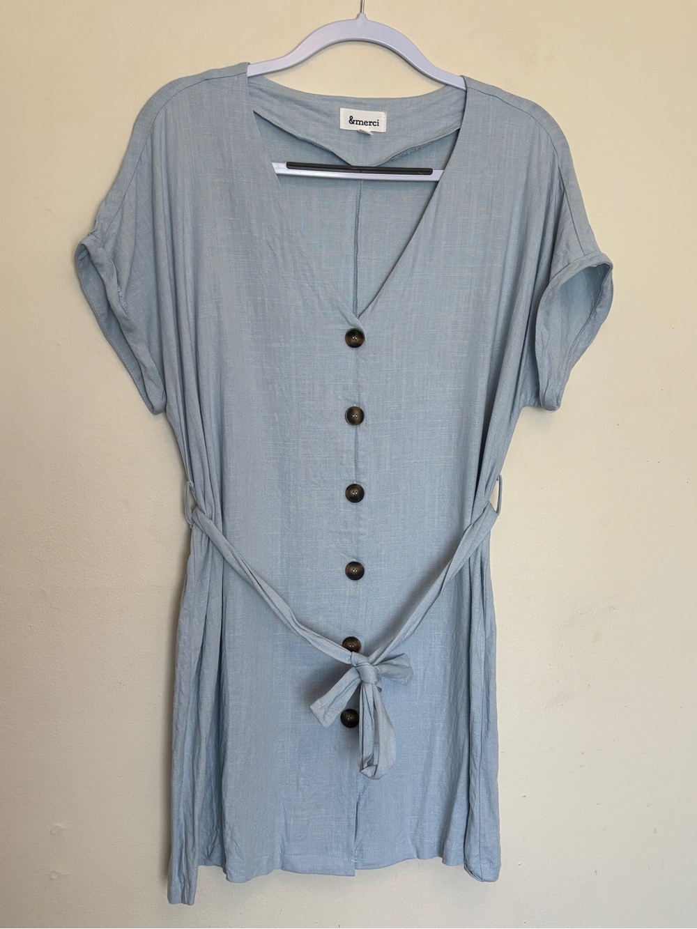 &merci Button Mini Shirt Dress Sz M Linen Cotton Tie Waist VNeck Prairie Peasant